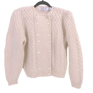 Vintage Robert Scott Ltd Shetland Wool Cableknit Floral Button Sweater Size 38 S